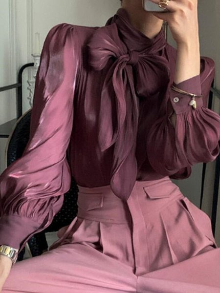 

Loosen Plain High Neck Formal Elegant Top, Purple, Tops