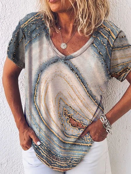 

Casual Abstract Loosen Cotton Blends V Neck Shirts & Tops, Gray, T-Shirts