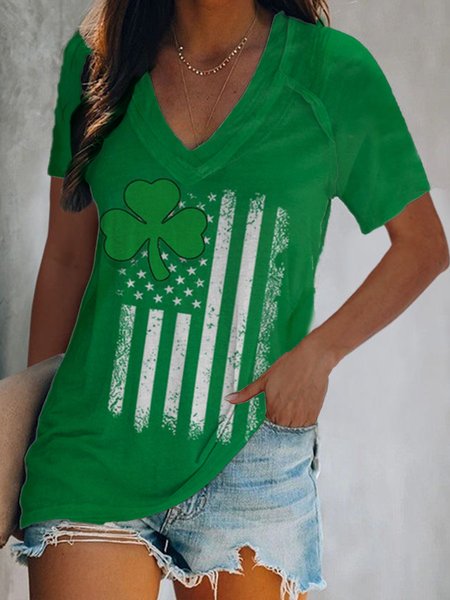 

St. Patrick's Day Shamrock V Neck Short Sleeve T-shirt, Green, T-Shirts