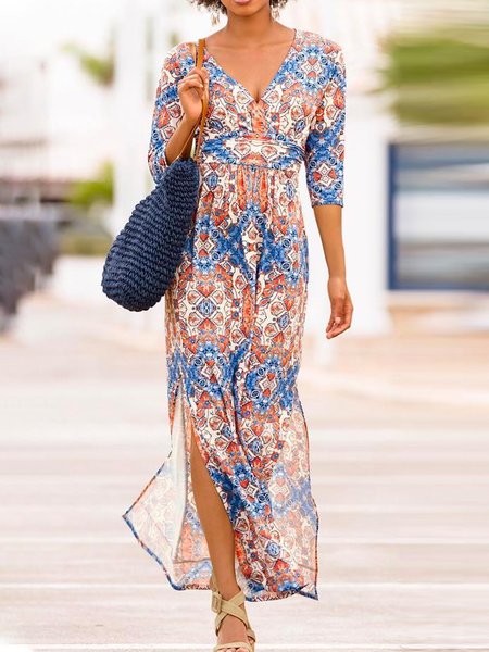 

V Neck Loosen Boho Dresses, Multicolor, Maxi Dresses
