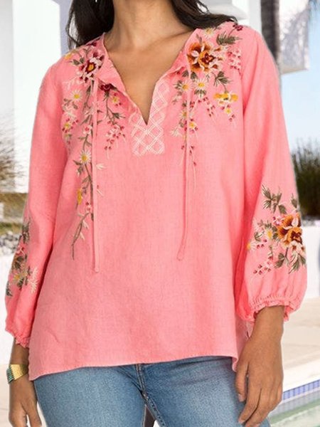 

Boho Tribal Floral Printed V Neck Loosen Shirts & Tops, Pink, Tops