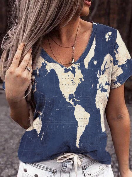 

Map Cotton Blends V Neck Short Sleeve T-shirt, Navyblue, T-Shirts