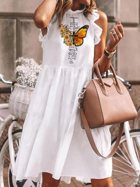 

Butterfly print spring new women's dress, White, Mini Dresses