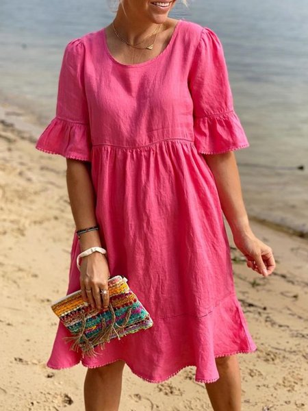 

Plus Size Casual Solid Crew Neck Loosen Short Sleeve Dresses, Rose red, Mini Dresses