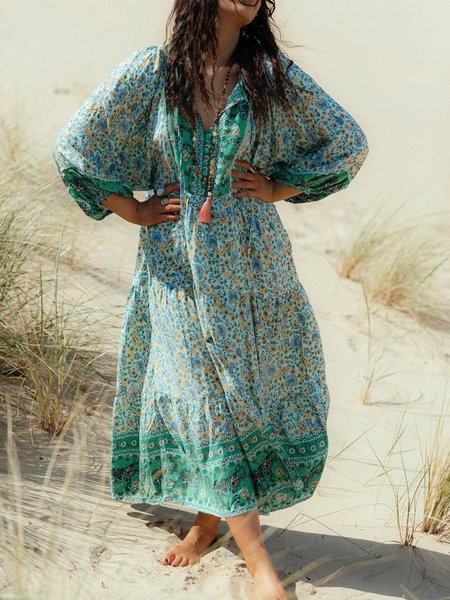 

Plus Size Boho Loosen V Neck Floral Long Sleeve Long sleeve Woven Dress, Green, Maxi Dresses