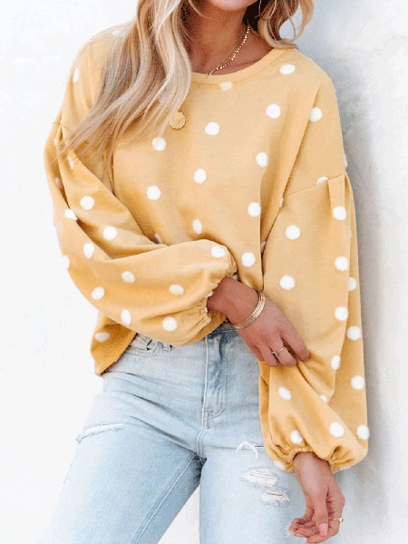 

Loosen Cotton Blends Polka Dots Casual Sweatershirt, Light yellow, Hoodies & Sweatshirts