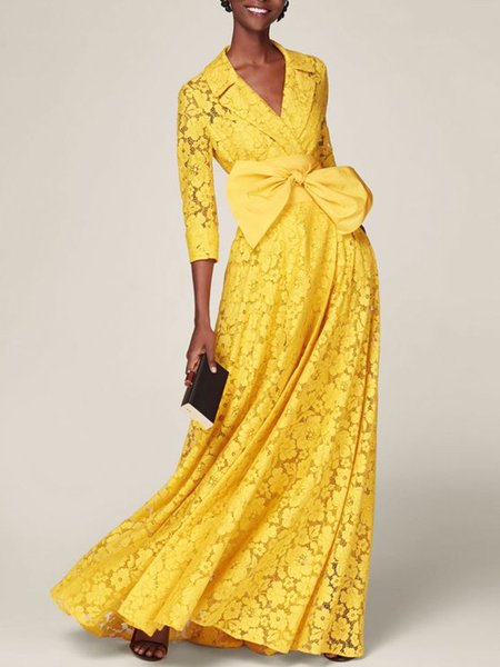 

Elegant Three Quarter Solid Maxi Dress, Yellow, Maxi Dresses