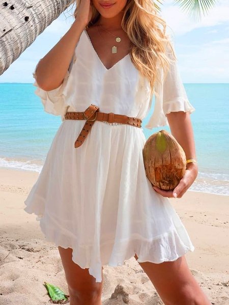 

Cotton Plain Vacation Short sleeve Woven Dress, White, Mini Dresses