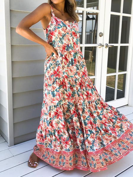 

Plus size Boho Sleeveless Floral Short sleeve Woven Dress, Multicolor, Maxi Dresses
