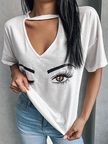 

Casual Short sleeve V Neck Shirts & Tops, White, T-Shirts
