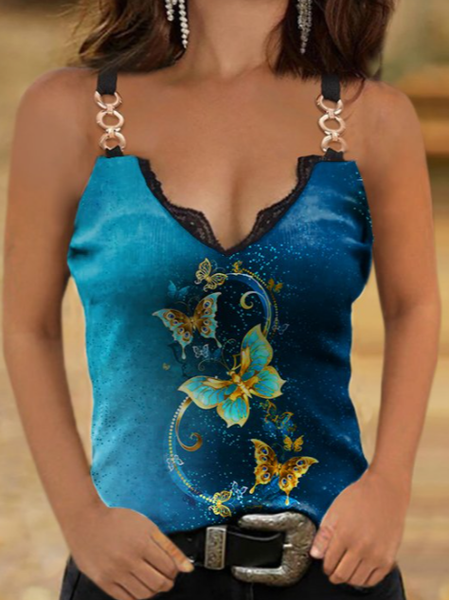 

Blue Butterfly Print Casual Vacation Sexy Tank Top Regular Fit Sexy Vests, Tanks & Camis