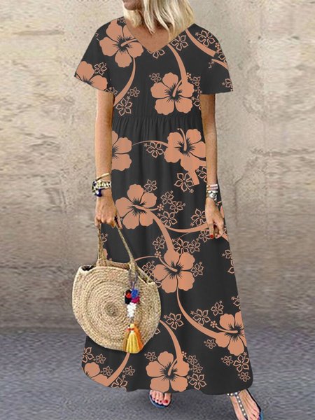 

Floral Print Casual V Neck Short Sleeve Maxi Dresses, Black, Dresses