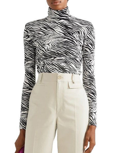 

Simple Long Sleeve Skinny High Neck Leopard Top, Black-white, Tops