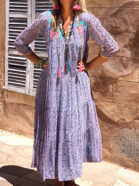 

V Neck Floral Loosen Long sleeve Woven Dress, Blue purple, Maxi Dresses