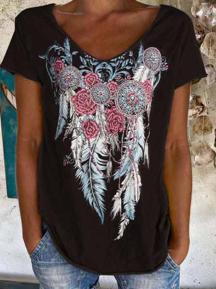 

V Neck Tribal Loosen Floral Shirts & Tops, Black, T-Shirts