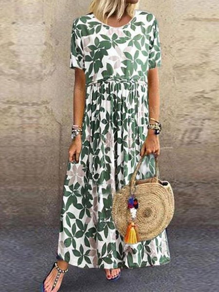 

Crew Neck Vacation Loosen Dresses, Green, Maxi Dresses