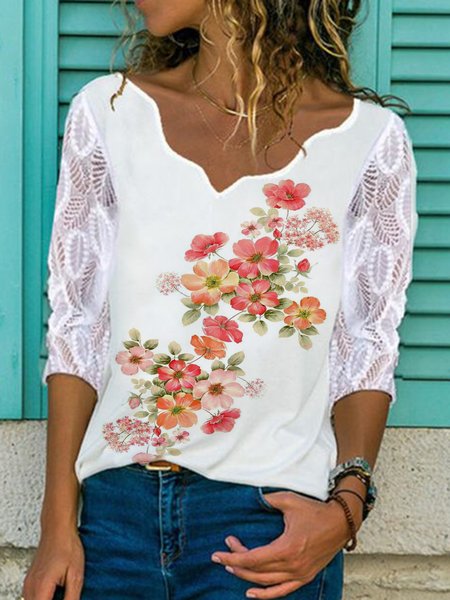 

Floral Lace V Neck Casual Long Sleeve Shirts & Tops, White, T-Shirts