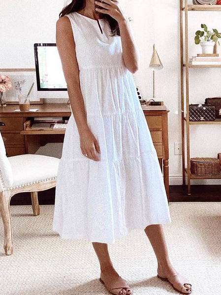 

Loosen Casual Crew Neck Short sleeve Woven Dress, White, Midi Dresses