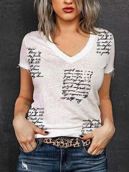 

Casual Letter V Neck Shirts & Tops, White, Tees & T-shirts