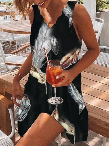 

Vacation Cotton Blends Feather V Neck Dresses Plus Size, Black, Dresses