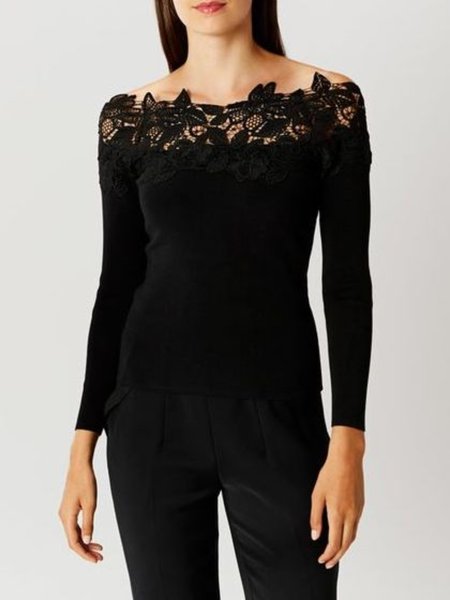 

Spring Elegant Plain Slim Fit High Stretch Lightweight Tops, Black, Tops