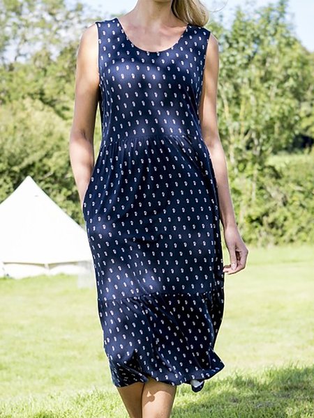 

Cotton Blends Loosen Polka Dots Straight Maxi Short sleeve Knit Dress, Blue, Midi Dresses