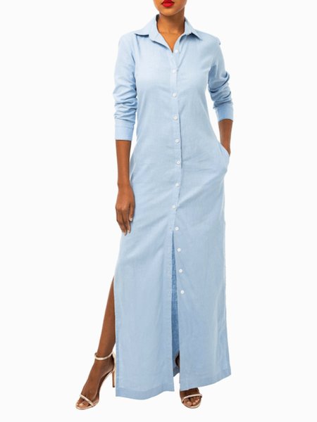 

Spring Slit Lightweight Shirt Collar Long sleeve Long sleeve Woven Dress, Blue, Maxi Dresses