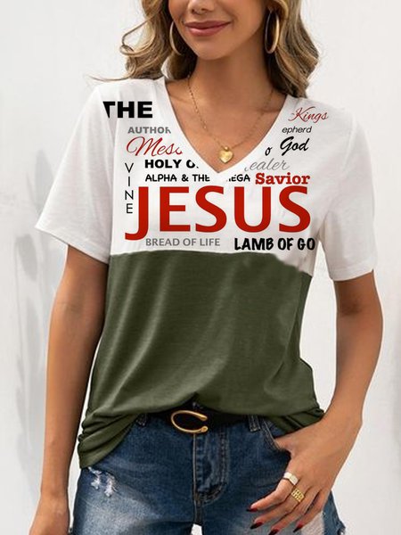 

V Neck Cotton Blends Casual Short Sleeve T-shirt, Multicolor, T-Shirts