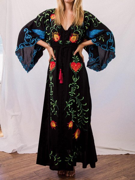 

Flare Sleeve V Neck Boho Long sleeve Woven Dress, Black, Maxi Dresses