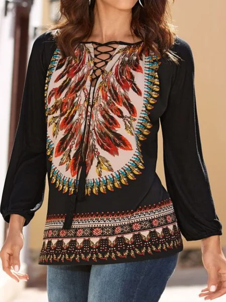 

Casual Tribal V Neck Loosen Long Sleeve Long Sleeve T-shirt, Black, T-Shirts