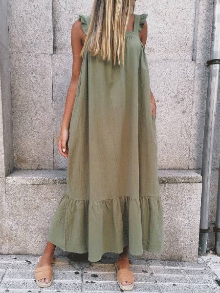 

Loosen Spaghetti Cotton Dresses, Army green, Maxi Dresses