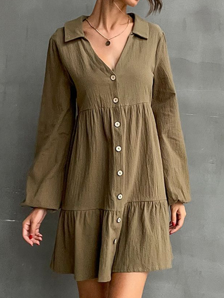 

Shirt Collar Casual Cotton Long sleeve Woven Dress, Green, Mini Dresses