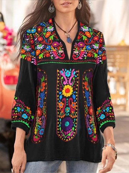 

Plus Size Boho V Neck Printed Long Sleeve Shirts & Tops, Black, Tops