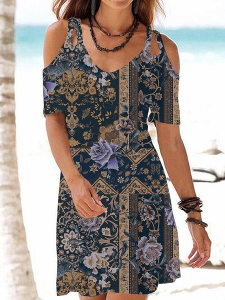 

Loosen Floral Cotton Blends Dresses, Dark blue, Dresses