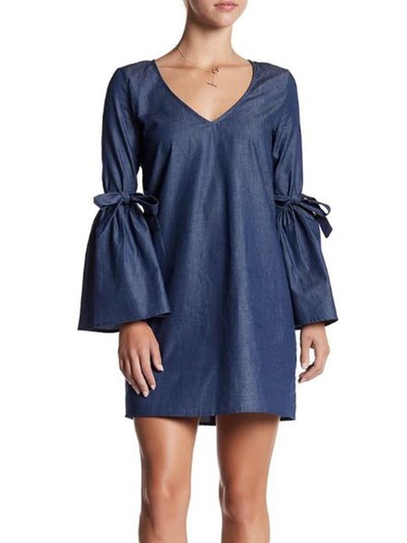 

V neck Regular Fit Elegant Daily Dress, Blue, Mini Dresses