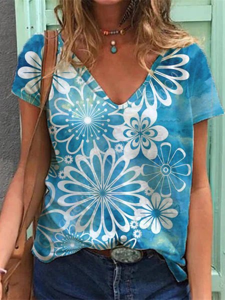 

V Neck Cotton Blends Casual Shirts & Tops, Blue, T-Shirts