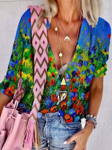 

Floral Loosen V Neck Shirts & Tops, Blue, Blouses & Shirts