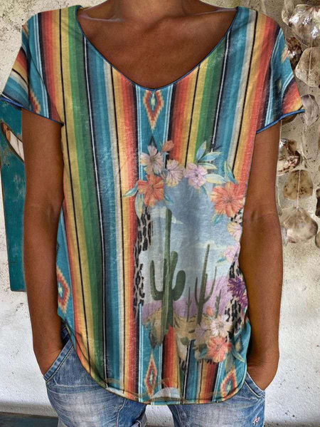 

V Neck Striped Vacation Floral Ombre Shirts & Tops, Multicolor, T-Shirts