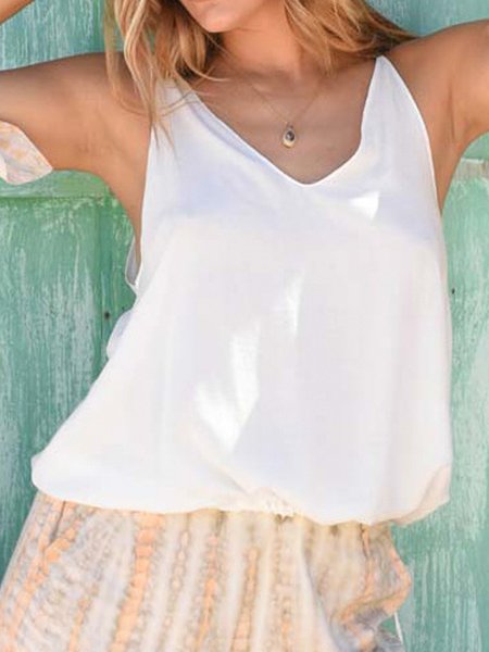 

Solid Loosen V Neck Woven Tank, White, Tank Top