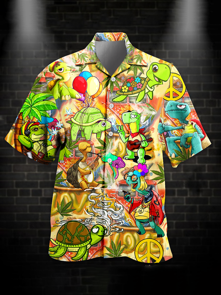 

Holiday Leisure Music Elements Hippie Culture And Animal Pattern Hawaiian Style Printed Shirt Top, Multicolor, Men's Floral shirt