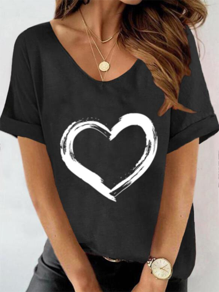 

Heart Crew Neck Short sleeve Casual Short Sleeve T-shirt, Black, T-Shirts