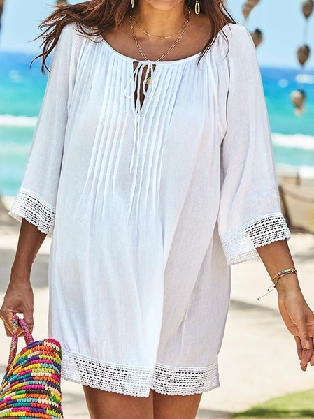 

Lace Cotton Blends Vacation V Neck Dresses, White, Mini Dresses