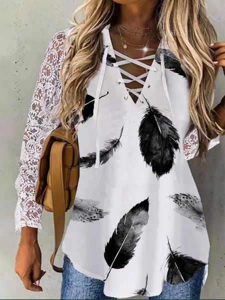 

Feather Print White Casual Holiday Lace Long Sleeve V-neck Shirts, Long sleeve tops