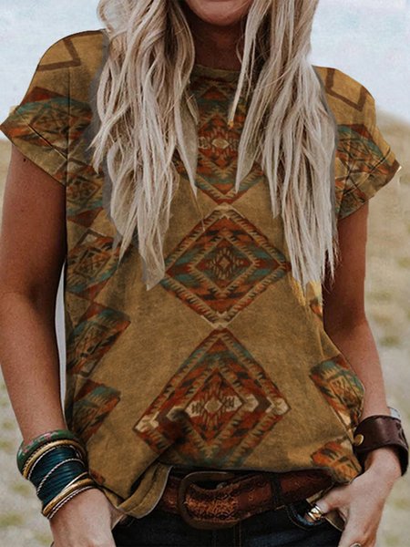 

Tribal Vacation Loosen Shirts & Tops, Brown, T-Shirts