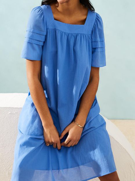 

Square Neck Casual Short sleeve Woven Dress, Blue, Mini Dresses
