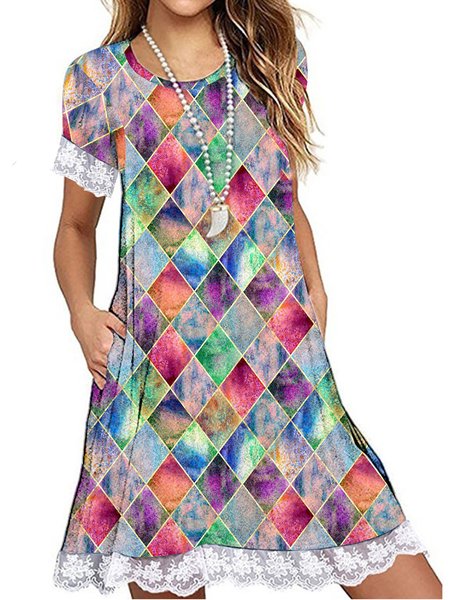 

Geometric Ombre Loosen Casual Crew Neck Cotton Blends Tunic Midi Dresses, Flower, Mini Dresses