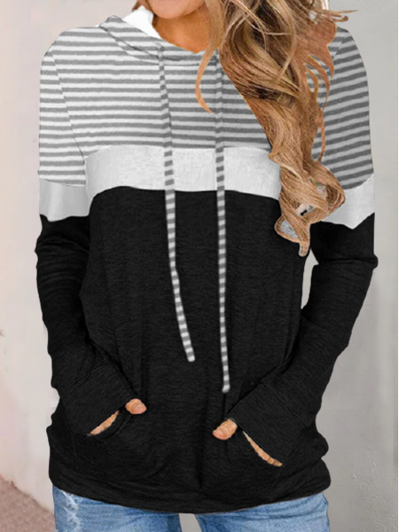 

Casual Striped Hooded Pocket Long Sleeve Hoodie, Black, Sweatshirts & Hoodies