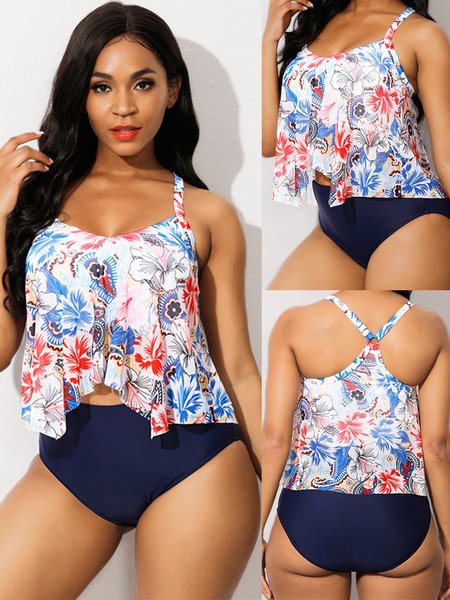 

Small Floral Split Vest Medium High Waist Swimsuit Tankini Plus Size, White, swimwear>>Bikini Sets