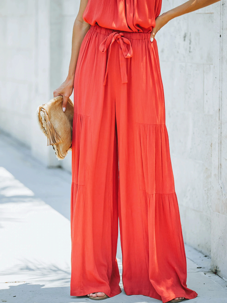 

Casual Vacation Mid-High Waist Wide-Leg Pants, Red, Pants