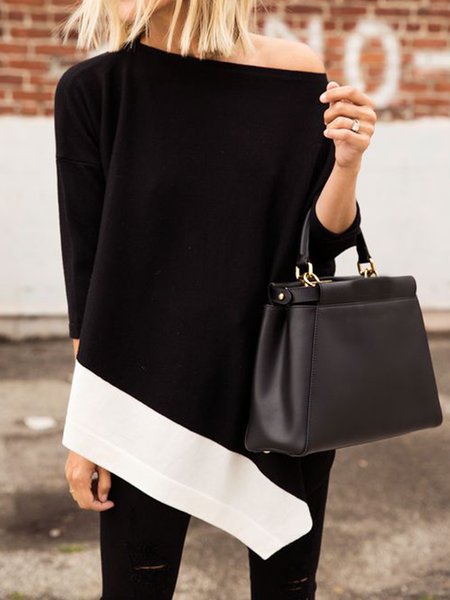 

Crew Neck Color Block Simple Top, Black-white, Tops